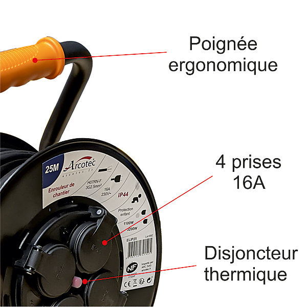 Enrouleur PRO de chantier 3G2.5 25m IP44 platine fixe (anti twist) - câble H07RN-F- 4 prises 16A - garantie 2 ans