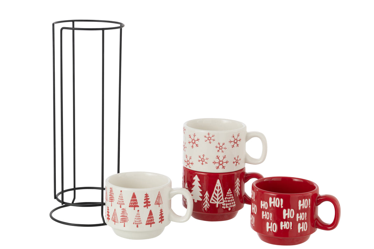 J-Line kopje Kerstmis Dolomiet - keramiek - rood/wit - doos van 4