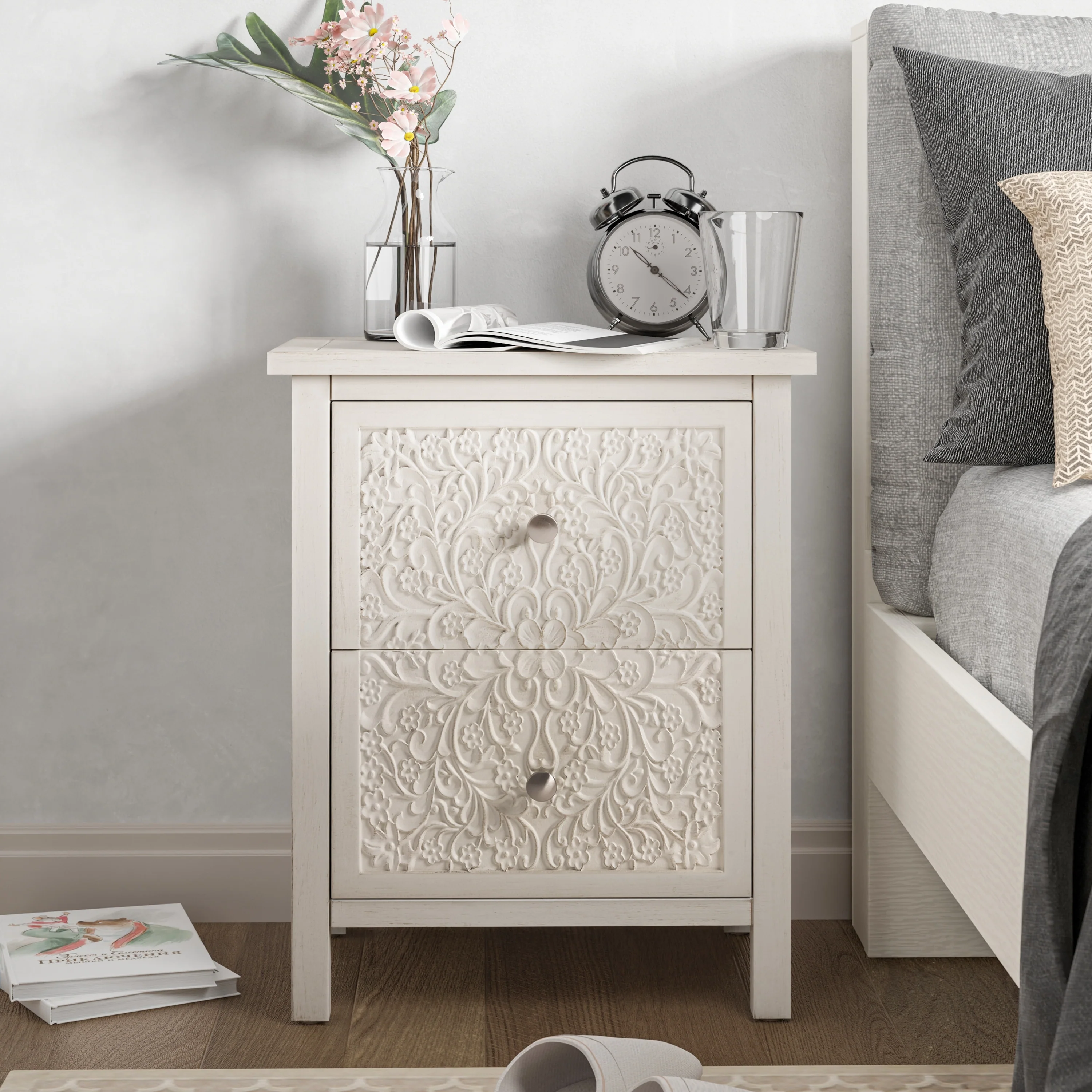 COZAYH Farmhouse Fully-Assembled Nightstand with 2-Drawer, Flower Motif End Table for Small Spaces, French Country