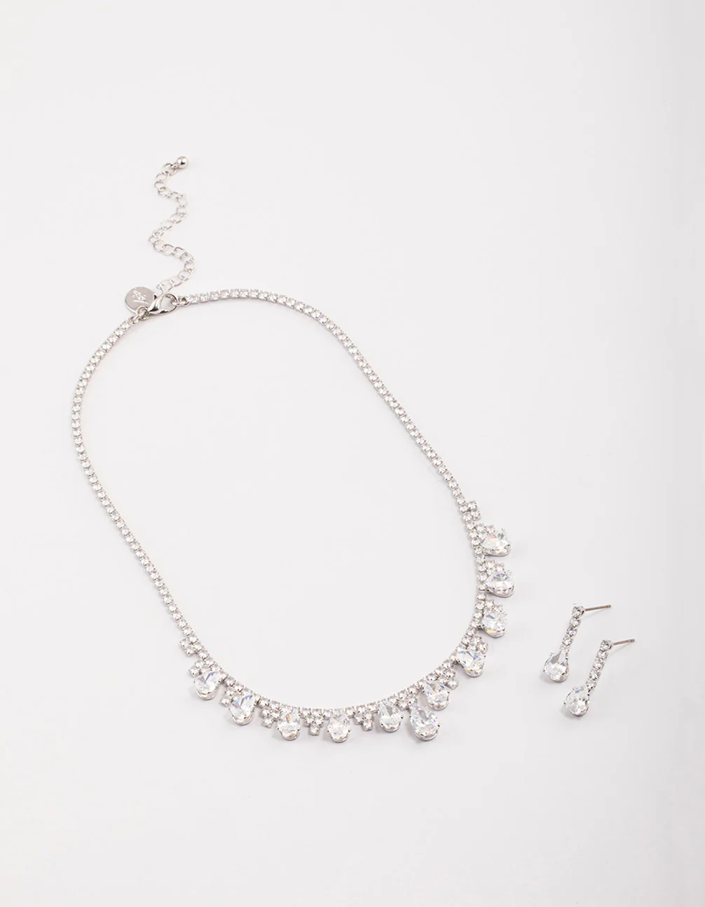 Silver Cubic Zirconia Cup Chain Teardrop Earrings & Necklace Set