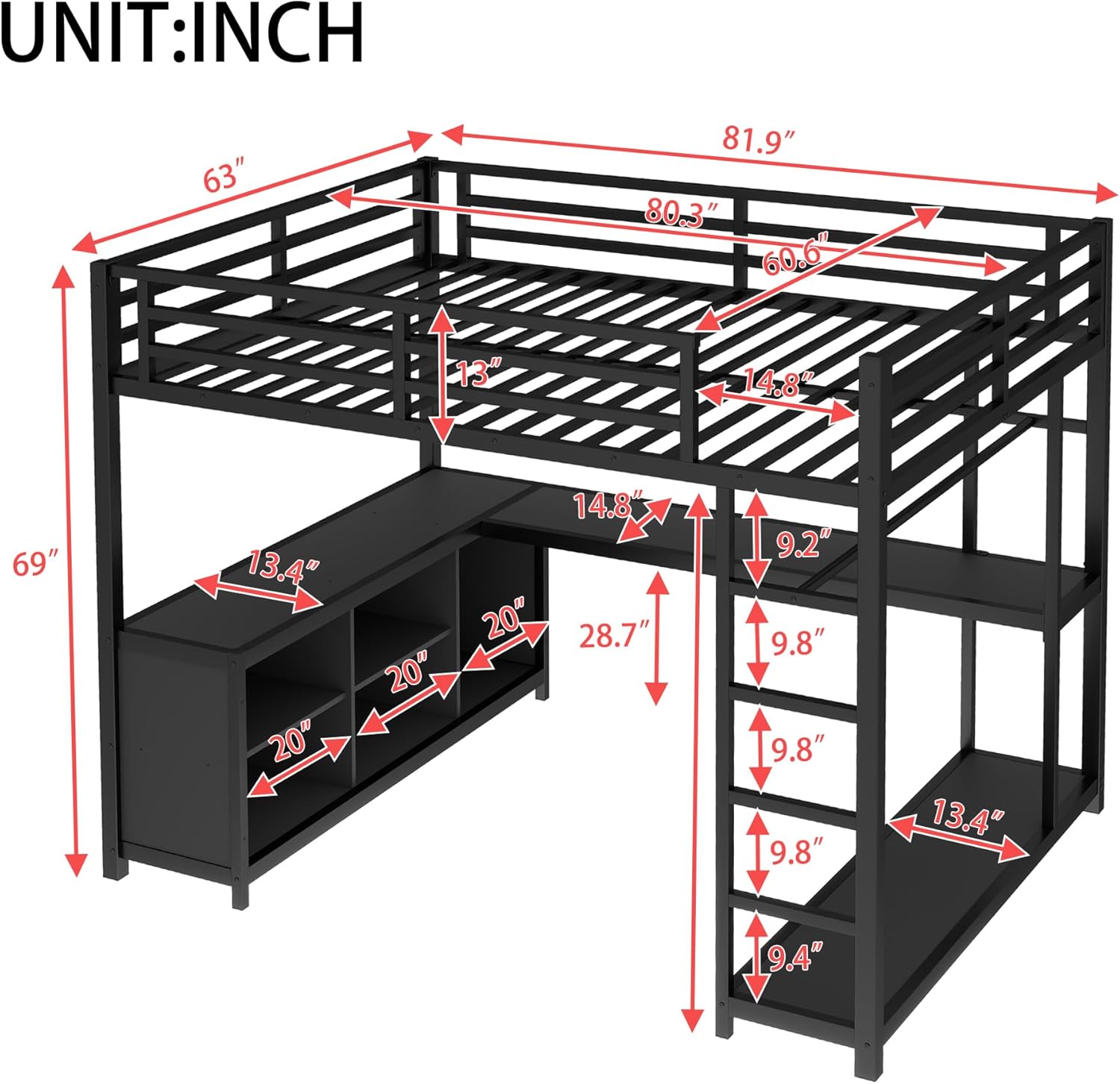 Queen Loft Bed with L-shaped Desk and Wardrobe, Metal Loftbed with Storage Cubes and Shelves, Heavy-duty Loft Bed Frame for Kids, Teens, Adults, Noise-free and No Box Spring Needed Design, Black