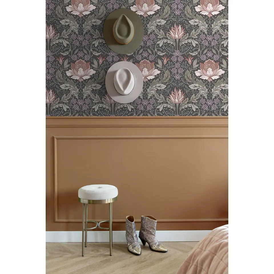 ESTAhome behang vintage bloemen in art nouveau stijl vergrijsd groen en bruin