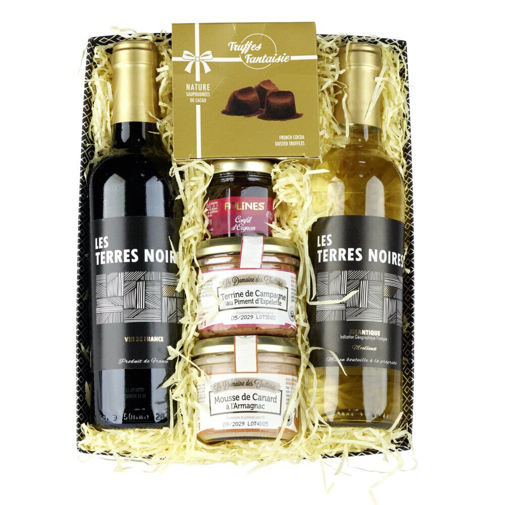 Panier gourmand No&euml;l garni 2 bouteilles de vin 2 pâtés avec truffes et confit