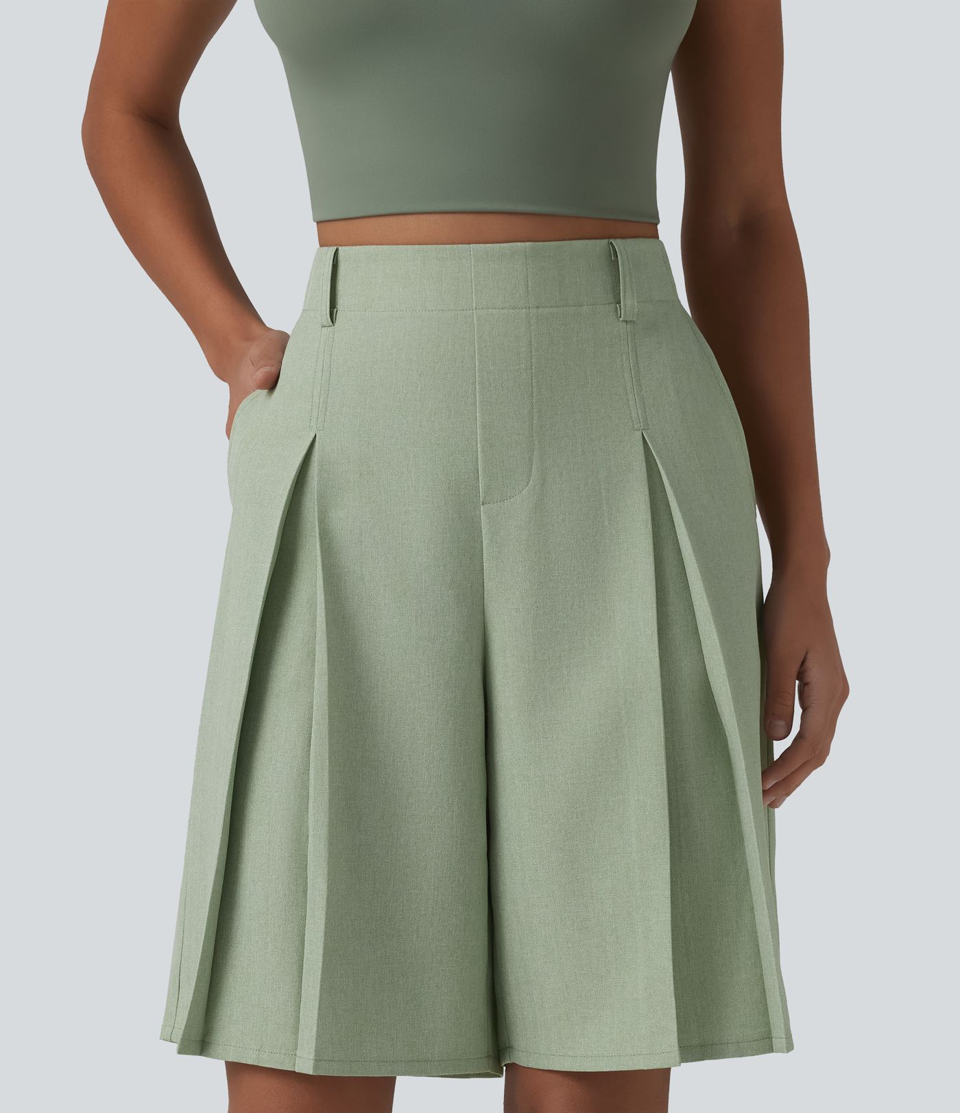 Bermuda ample infroissable taille haute plissé aspect lin avec fermeture éclair invisible et poches