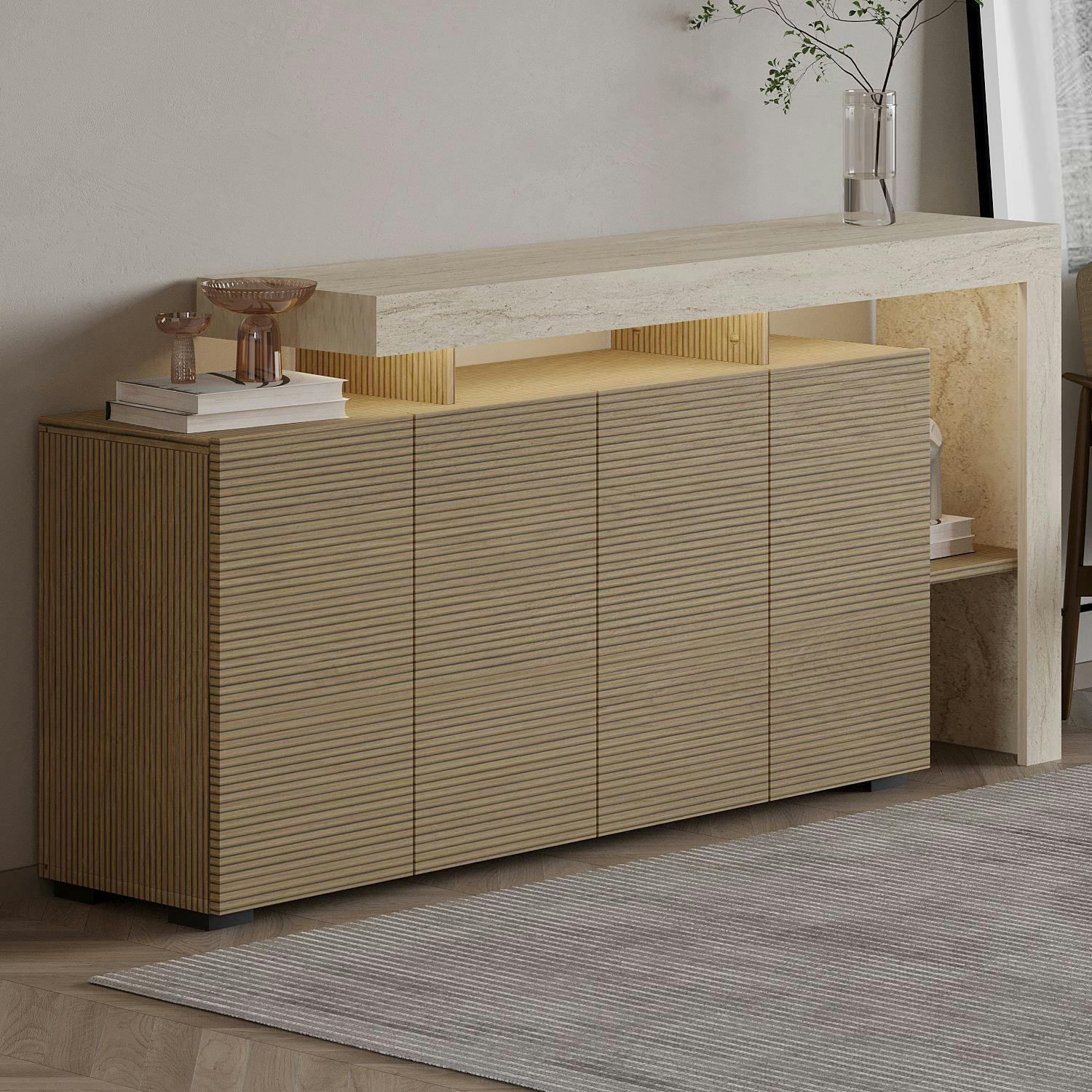 Buffet 4 portes décor bois et travertin cadre ouvert AURA