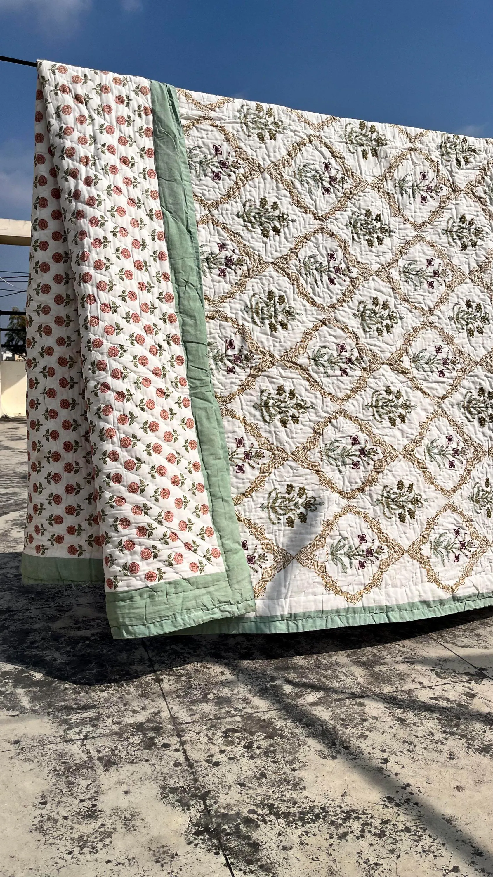 Pure Cotton Queen Quilt, Floral Reversible Throw Blanket, Soft Handcrafted Indian Comforter, Lightweight Bedspread, Boho Cottage Quilt