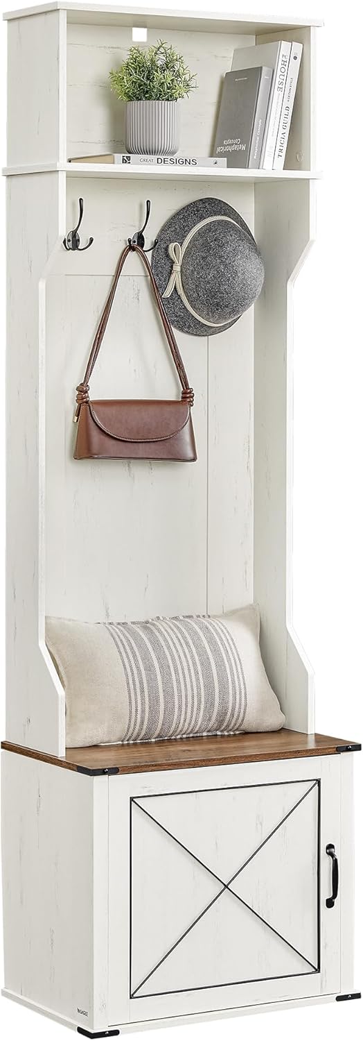 VASAGLE Hall Tree with Bench and Shoe Storage, Coat Rack with Shoe Bench, Entryway Furniture, 3 Tri-Hooks, Door with Handle, Farmhouse Style, Space Saving, Rustic White and Honey Brown UHSR441W01V1