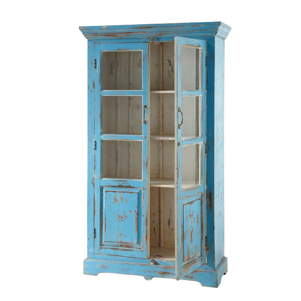 Avignon - Vitrine en manguier turquoise effet vieilli L 105 cm
