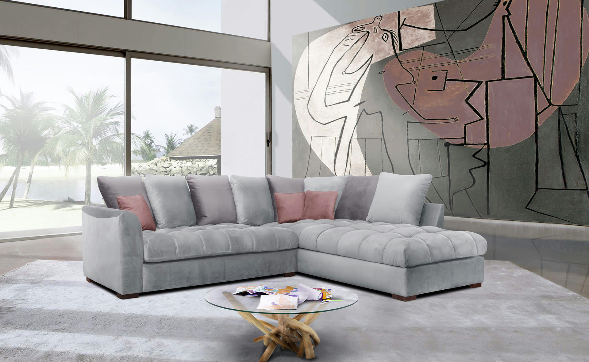 BARDI - Canapé d'angle droit 5 places tissu gris