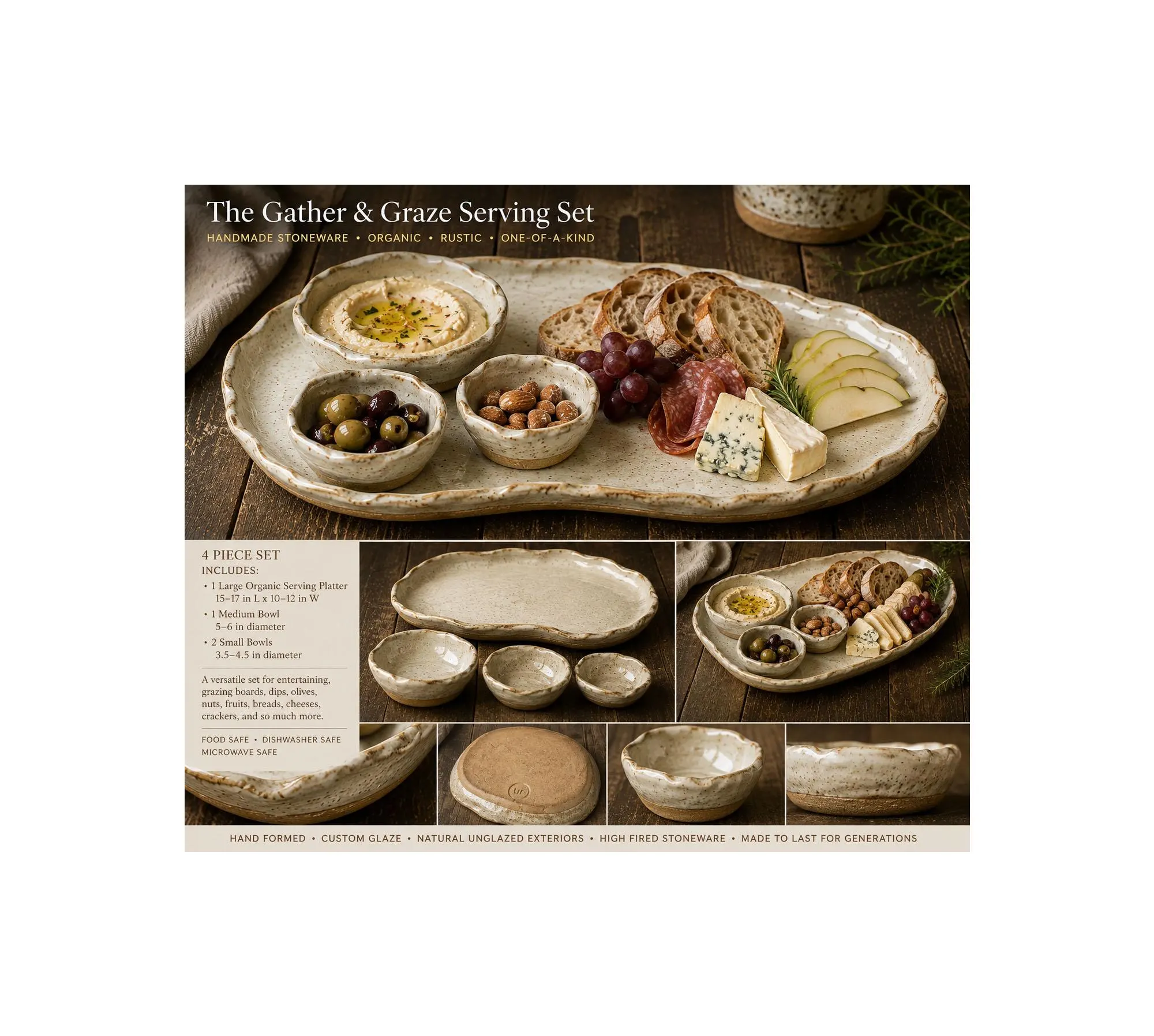 Gather & Graze Pottery Serving Set, Handmade Charcuterie Platter, Stoneware Appetizer Set, Grazing Board, Rustic Farmhouse Tableware