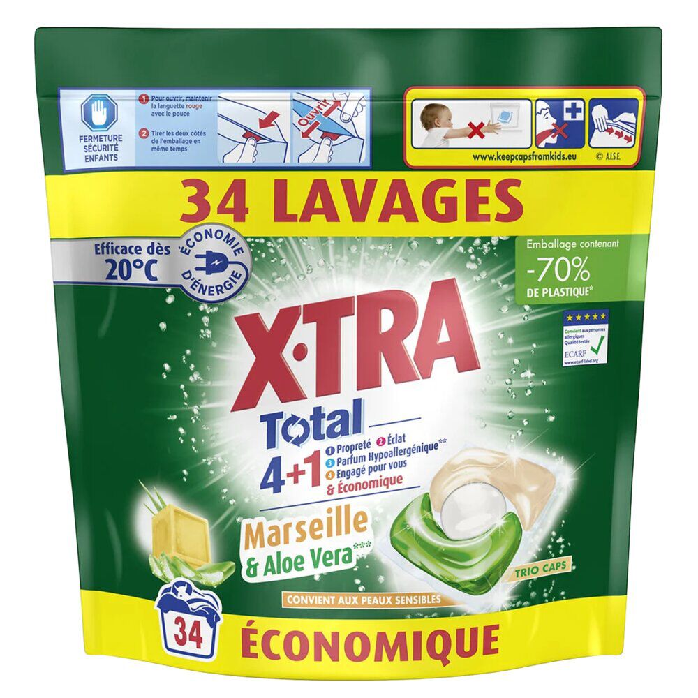 Lessive capsules X-Tra Total savon de Marseille et aloe vera 34 lavages