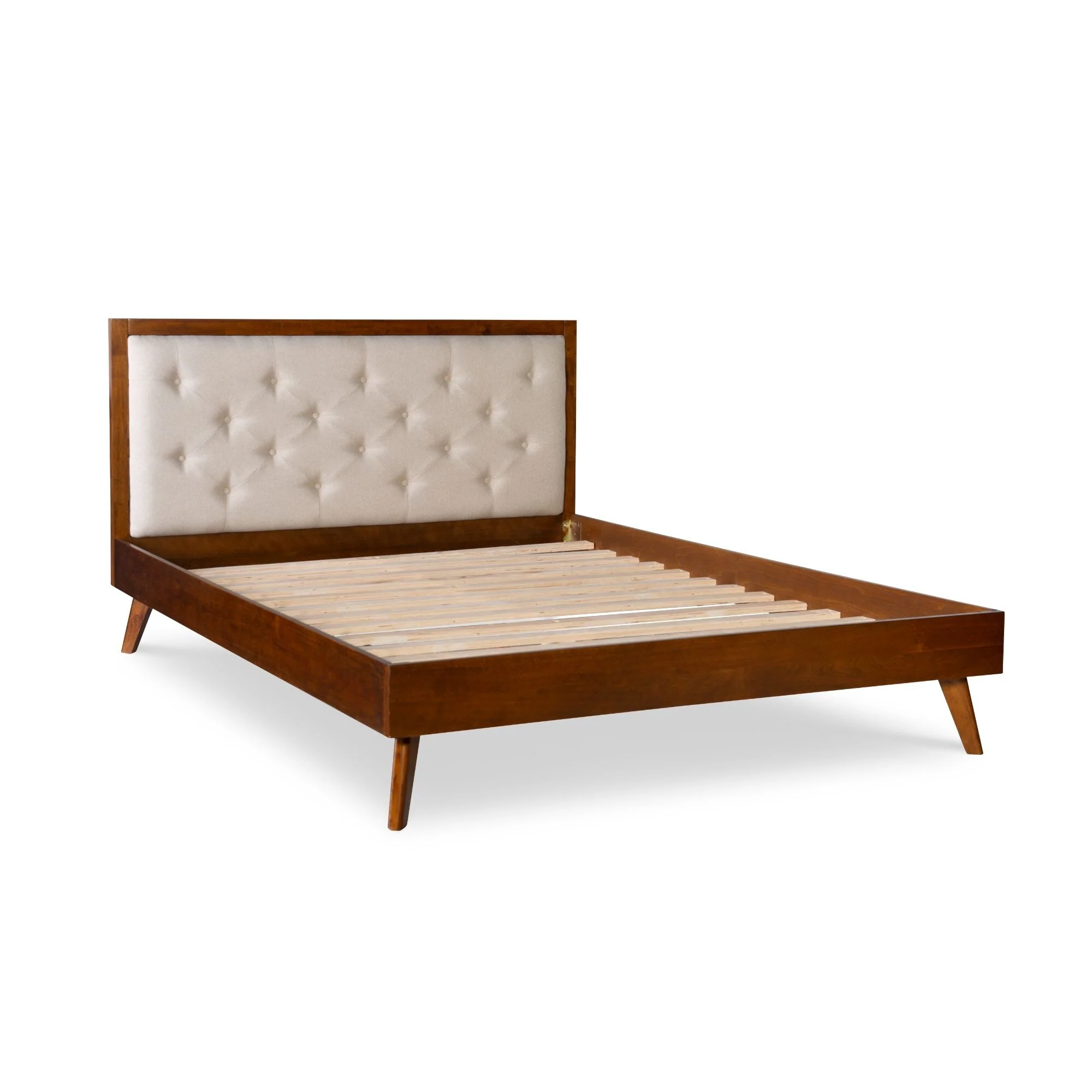 84.25 brown and beige queen size bed frame with upholstered headboard