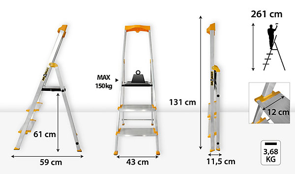 échelle en aluminium à marches larges DRABEST MAX 3 marches avec étagère, capacité de charge 150 kg, 1 pièce.