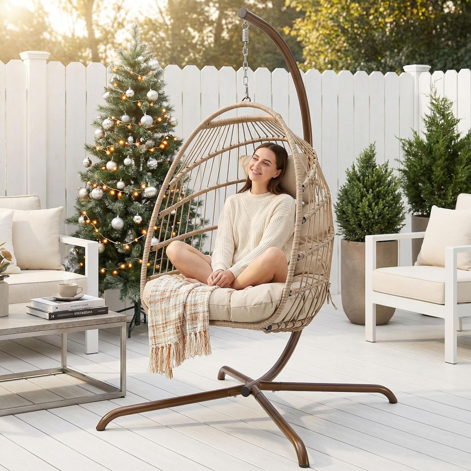 NICESOUL Hanging Egg Chair with Stand Indoor Outdoor, Comfy Patio Rattan Swing Hammock Chairs with Cushion, 350lbs Capacity Egg Shaped Chair for Lawn Backyard Balcony Bedroom, Birthday Gift, Beige