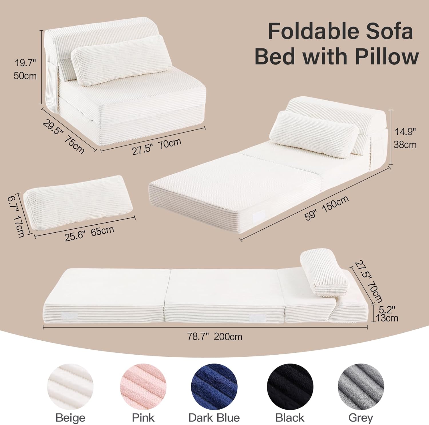 Folding Sofa Bed with Pillow, Convertible Sleeper Chair, Comfy Floor Futon Couch Mattress Lounge Sofa for Adults Portable Fold Out Chair Bed for Living Room Bedroom, Single, Beige