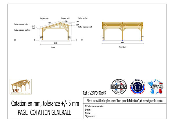 Carport 2 pentes faitage décalé 500cmx450cm, bois DOUGLAS Français(Charpente en bois-auvent-abri voiture) 22m². Garantie 10 ans