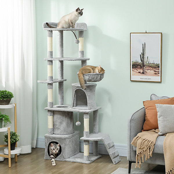 Arbre à chat design gris clair multi-activités - zones de repos, griffoirs - H.170 cm