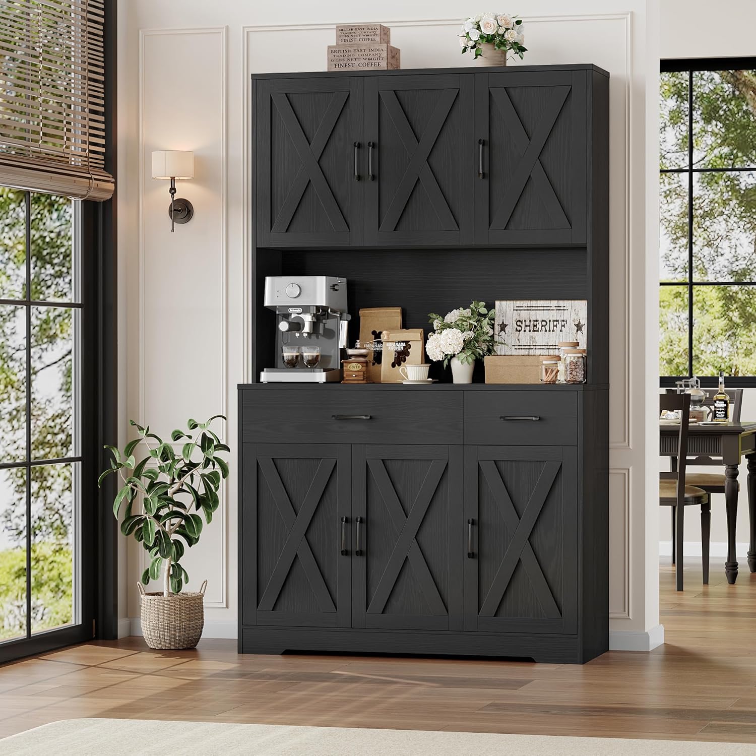 HOSTACK 71 Pantry Cabinet with Charging Station, Tall Kitchen Pantry Storage Cabinet with Microwave Stand, Farmhouse Kitchen Hutch with Storage Drawers for Living Room, Dining Room, Black Wood Grain