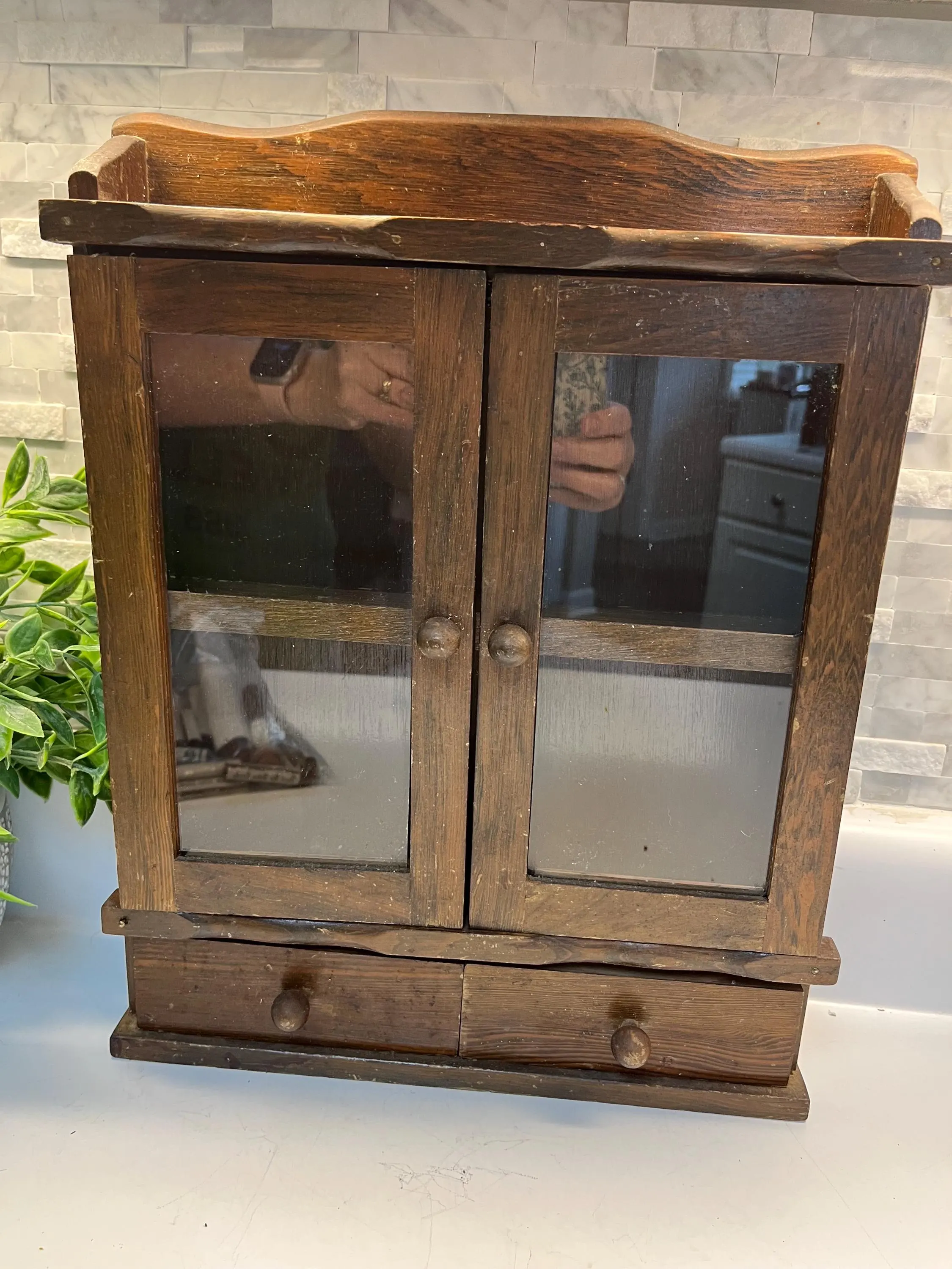 Vintage Wooden Spice Cabinet with Glass Doors & 2 Drawers – Rustic Farmhouse Tabletop Wall Cabinet, Primitive Apothecary Kitchen Organizer