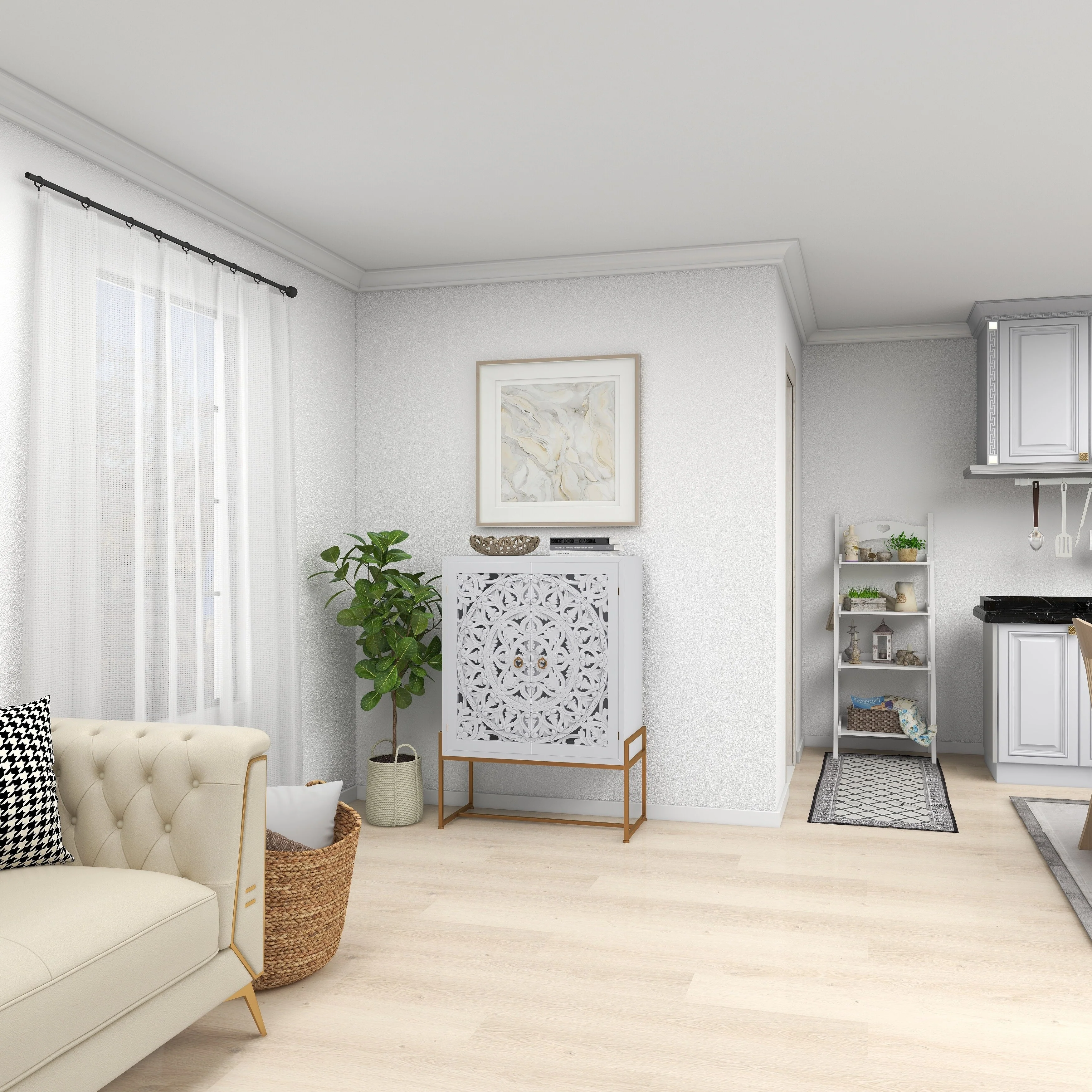 Wood Floral Intricately Carved 1 Shelf and 2 Doors Room Cabinet - White - Roche River Decor