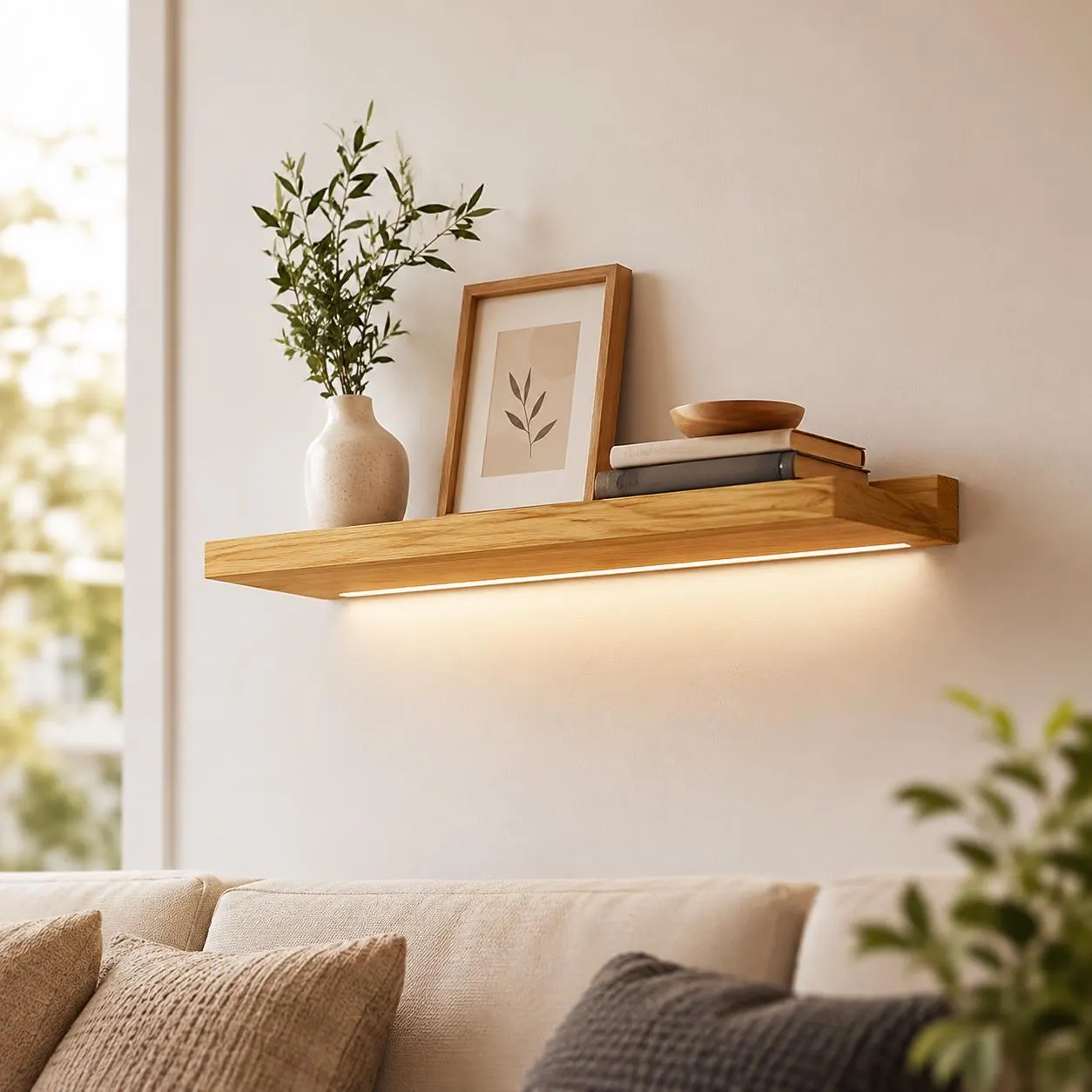 LED Floating Wood Shelf, Lighted Pine Wall Decor, Modern Ambient Lighting