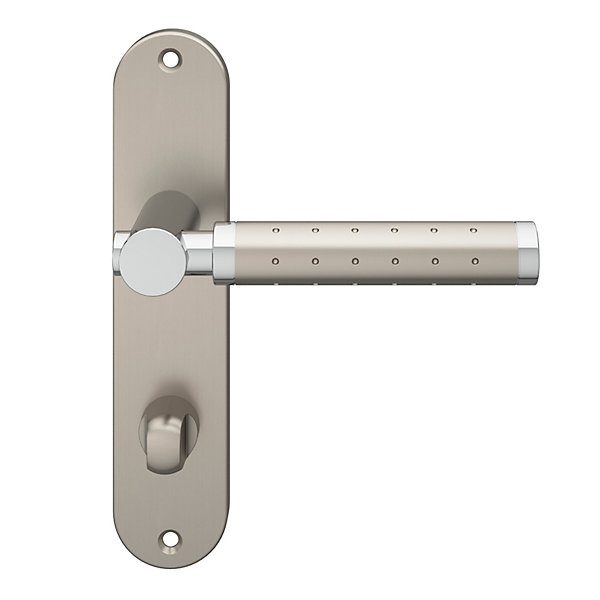 Ensemble poignée sur plaque rond à condamnation GoodHome Brigg effet chrome et nickel satin gris L.132mm x l.40mm entraxe 165mm