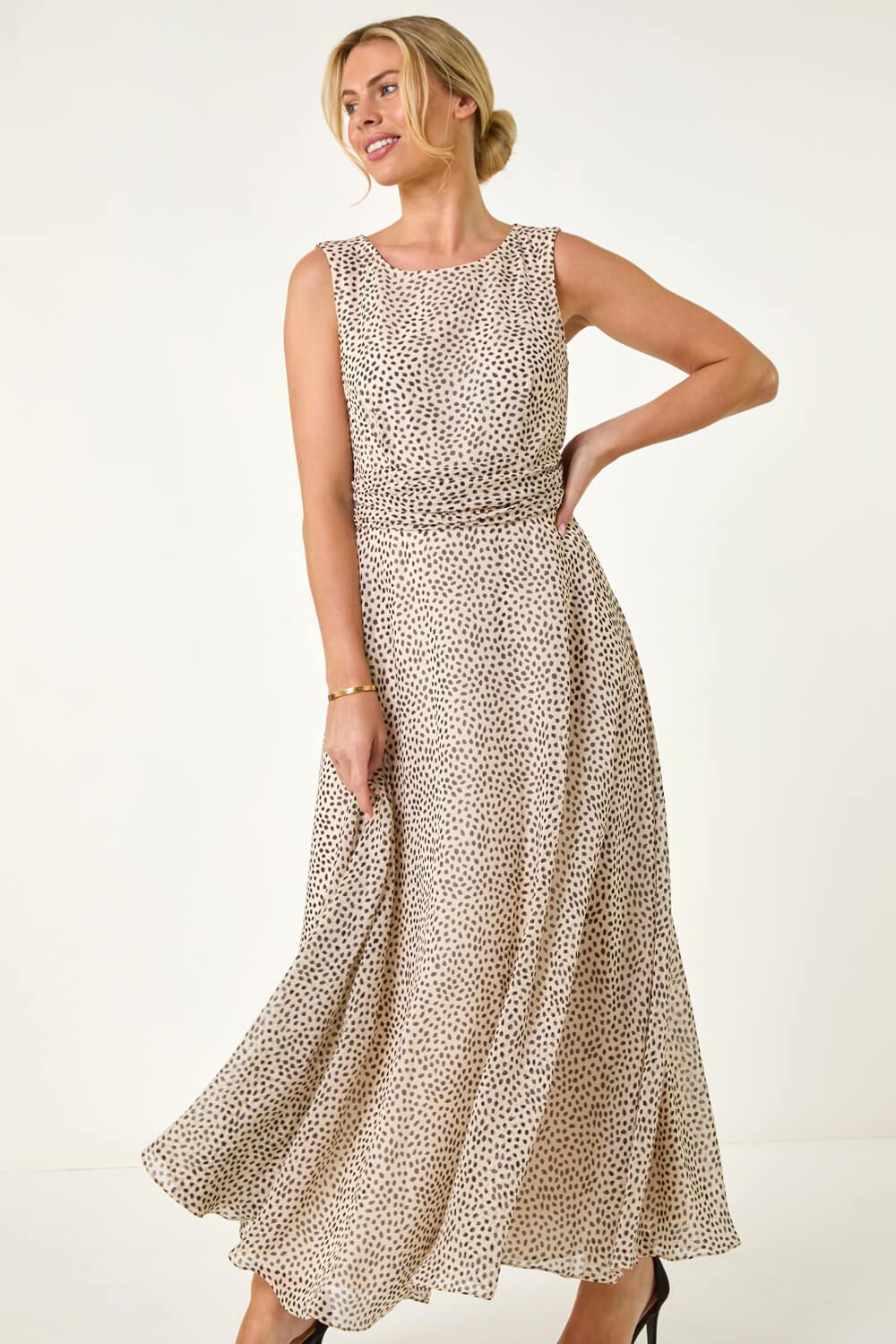 Roman Petite Spot Print Ruched Waist Midi Dress