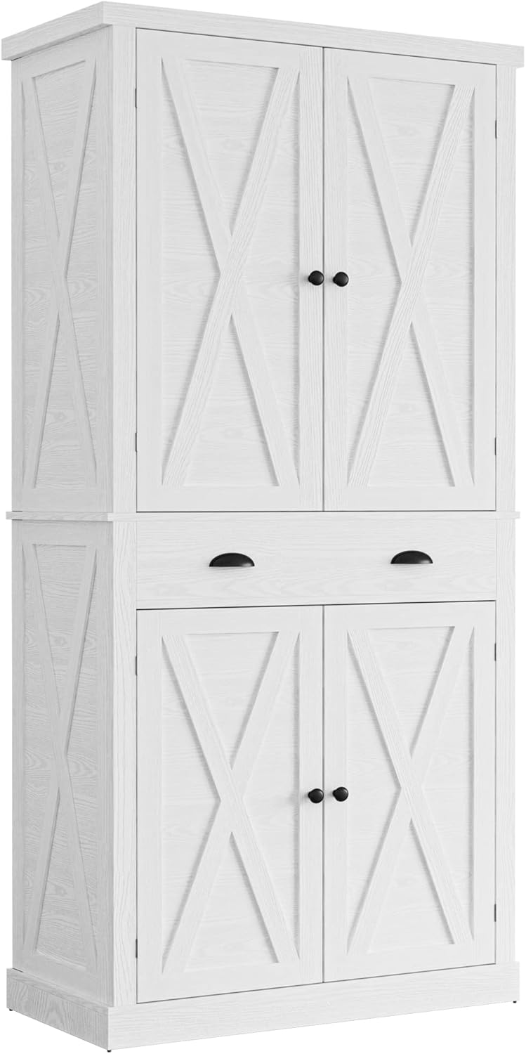 IRONCK Kitchen Pantry Storage Cabinet 72.6 H, with Barn Doors, Drawer, 4 Adjustable Shelves, Freestanding Cupboard, Laundry, White