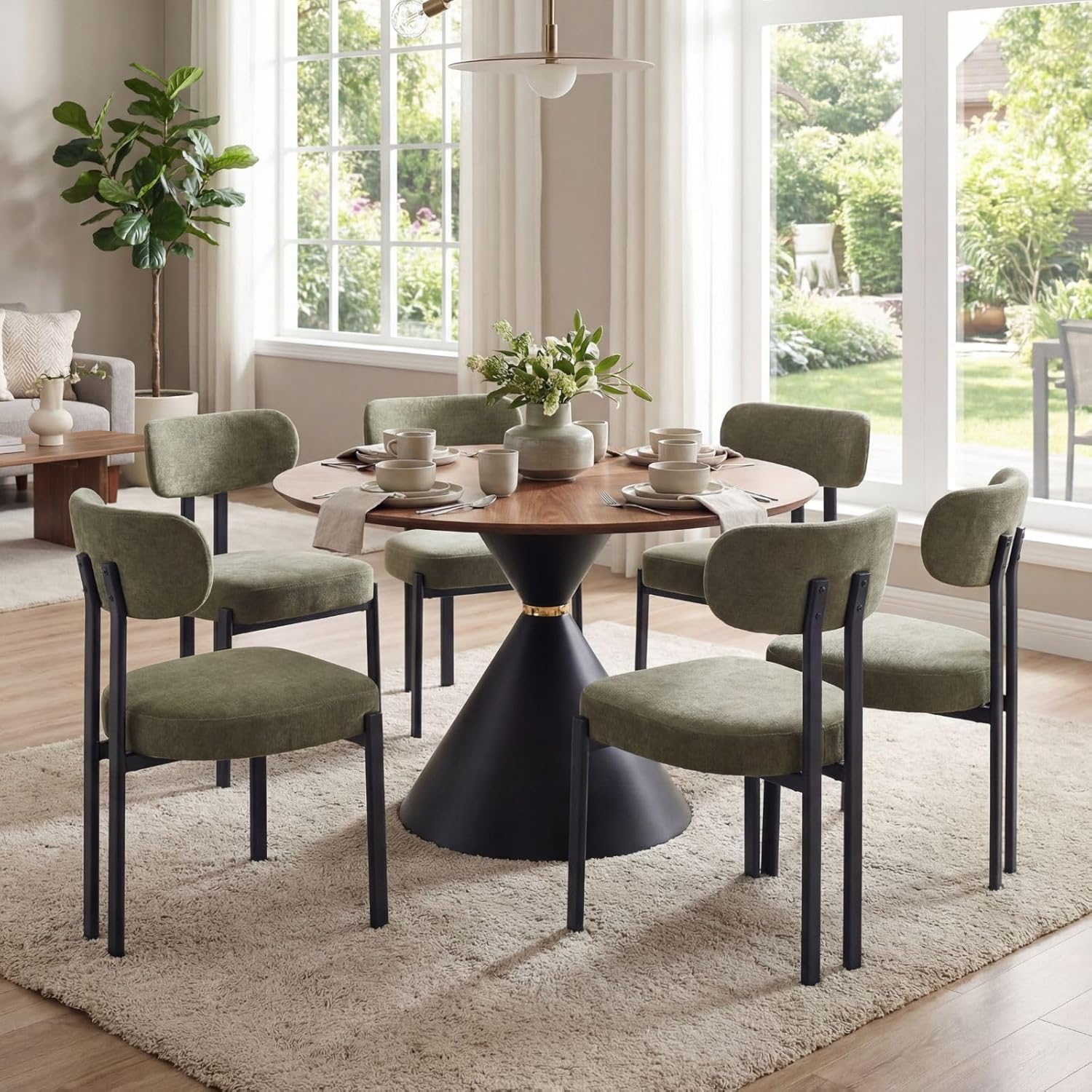 LukeAlon Chenille Dining Chairs Set of 6, Modern Upholstered Armless Kitchen Chairs with Black Metal Legs Curved Back Dining Room Chairs Reception Chair for Living Room Office, Green