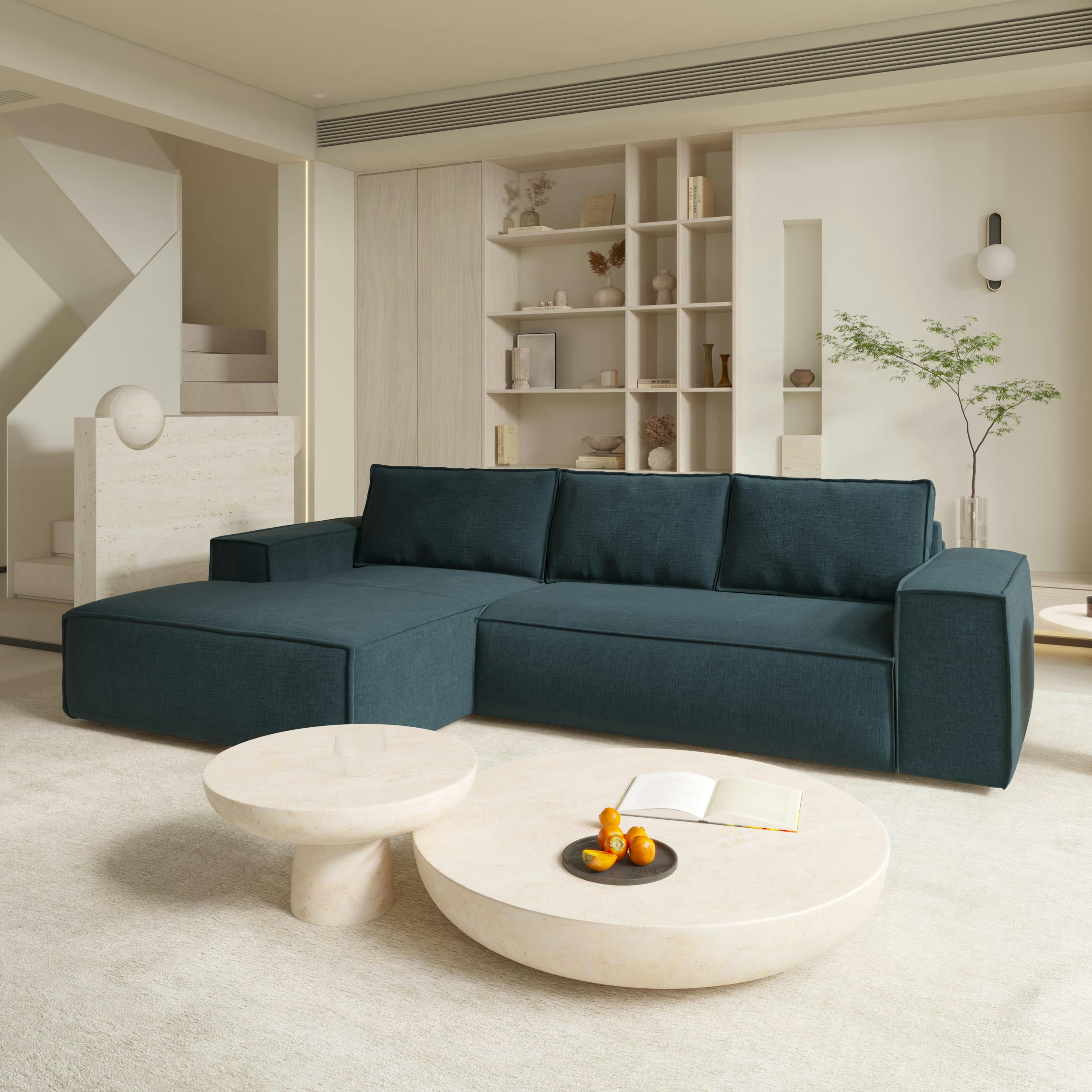 JOAN - Canapé convertible angle gauche dunlopillo velours texturé bleu 140cm