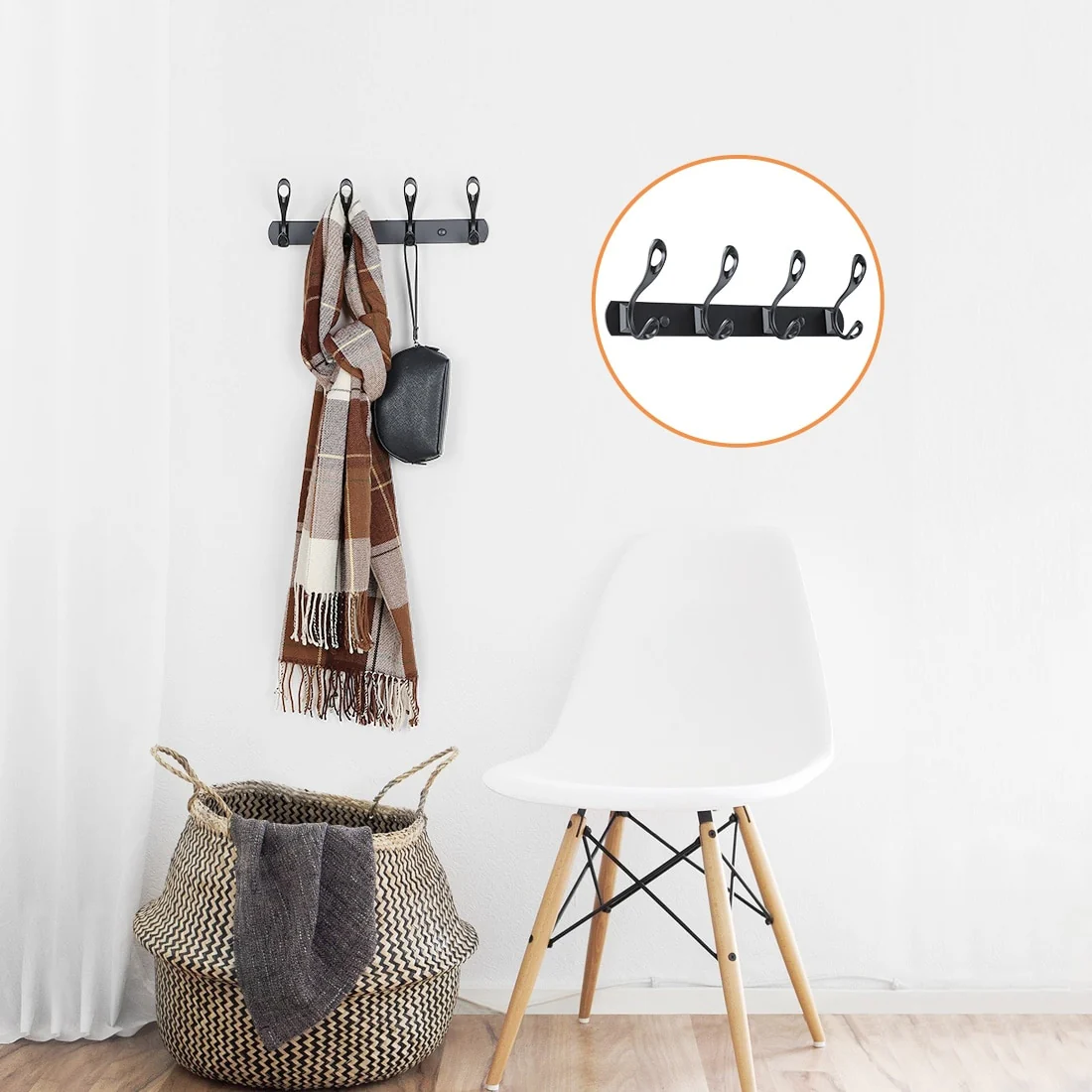 Dual Wall Hooks Stainless Steel Base 13.8 4 Hooks Cloth Towel Holder - Black - 13.8 x 2.8 x 3.7(L*W*H)