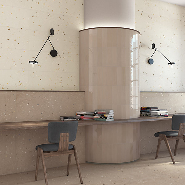 Carrelage mur faience effet terrazzo 32x99 cm Croccante Topping-R Avellana