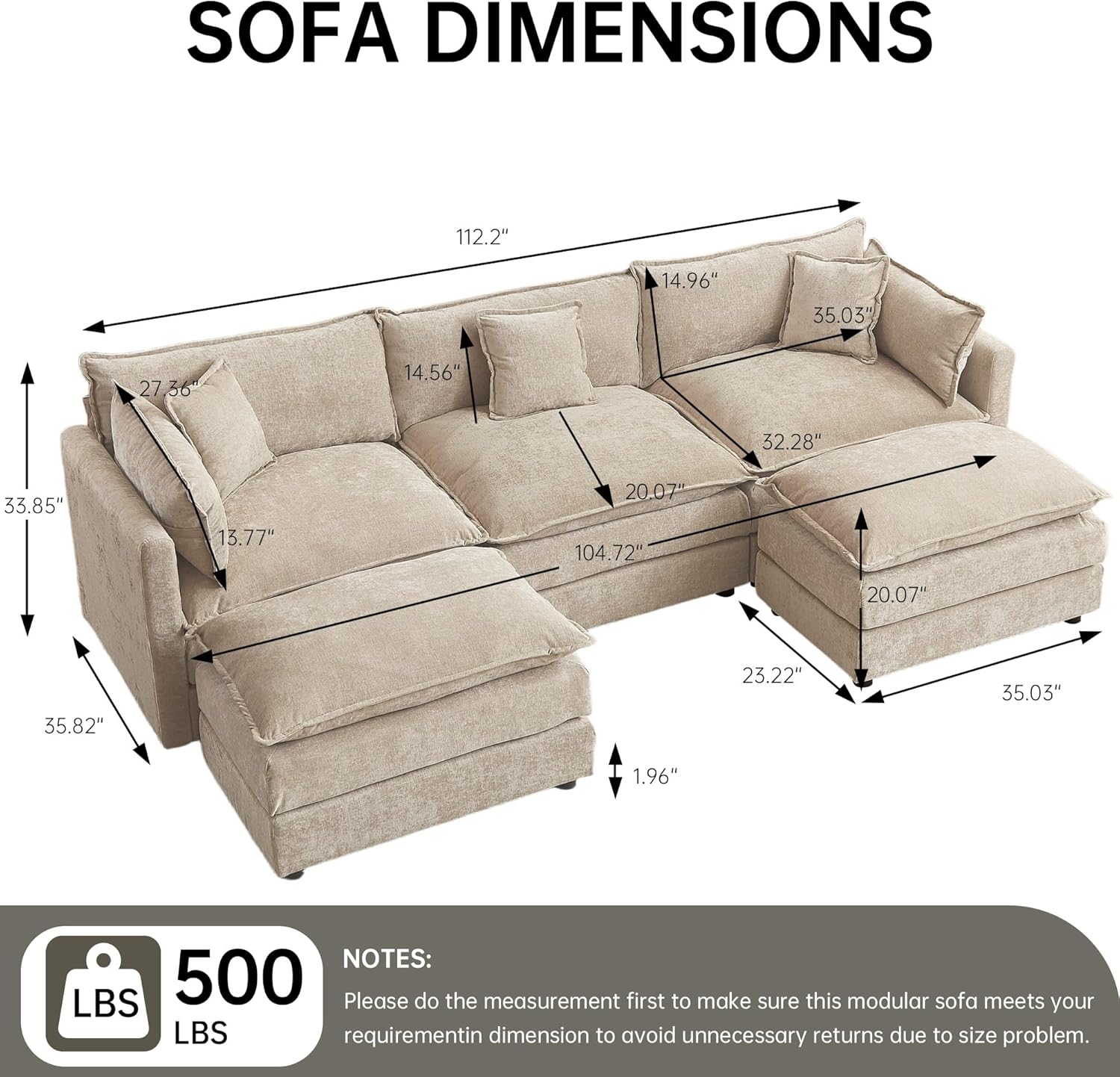 HIPIHOM Modular Sectional Sofa, 112.2 Inch L Shaped Couch Set with Armrests, 3-Seater Comfy Cloud Couches for Living Room Apartment, Coffee