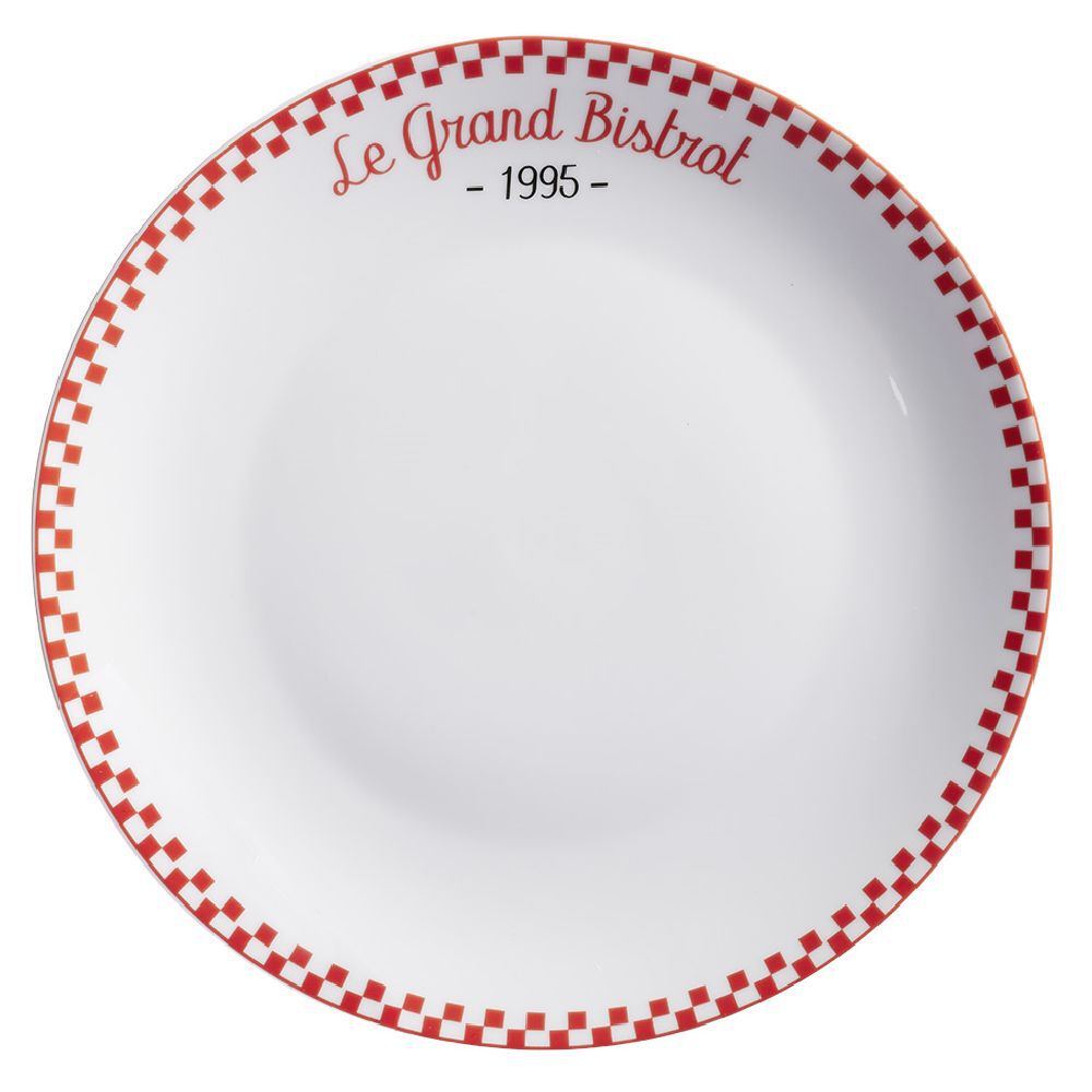 Assiette plate ronde blanche "Le grand bistrot" bord damier rouge Ø26cm