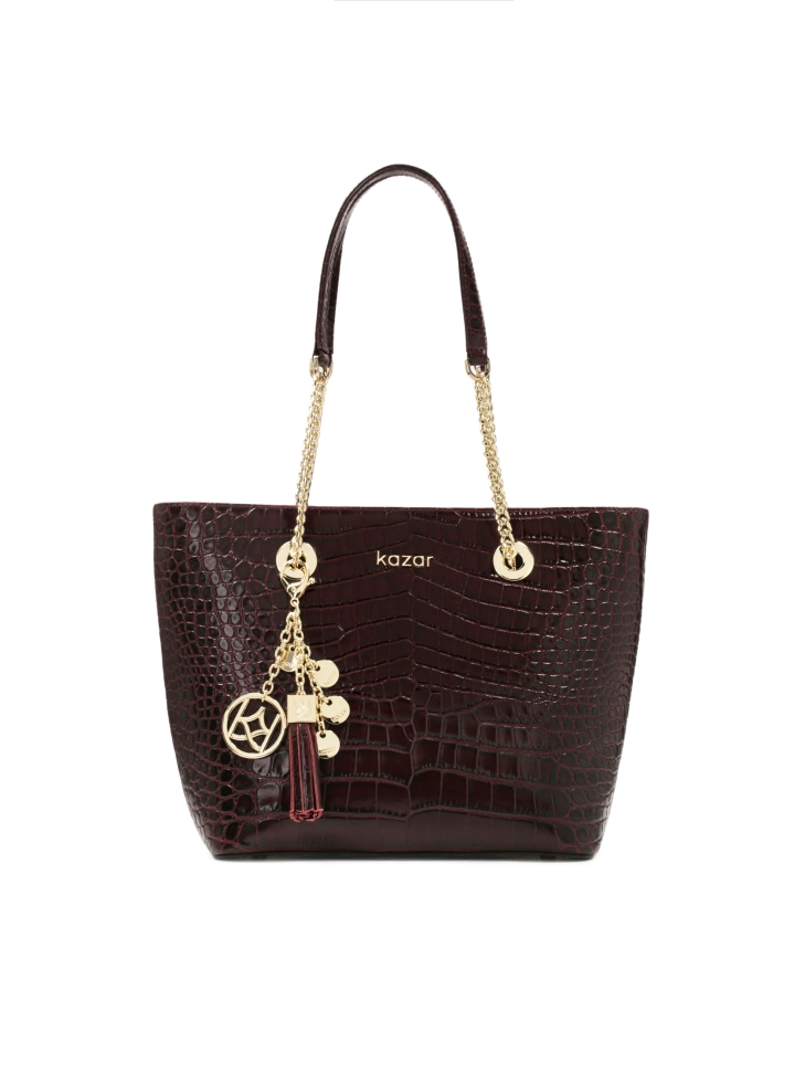 Maroon glossy embossed leather handbag