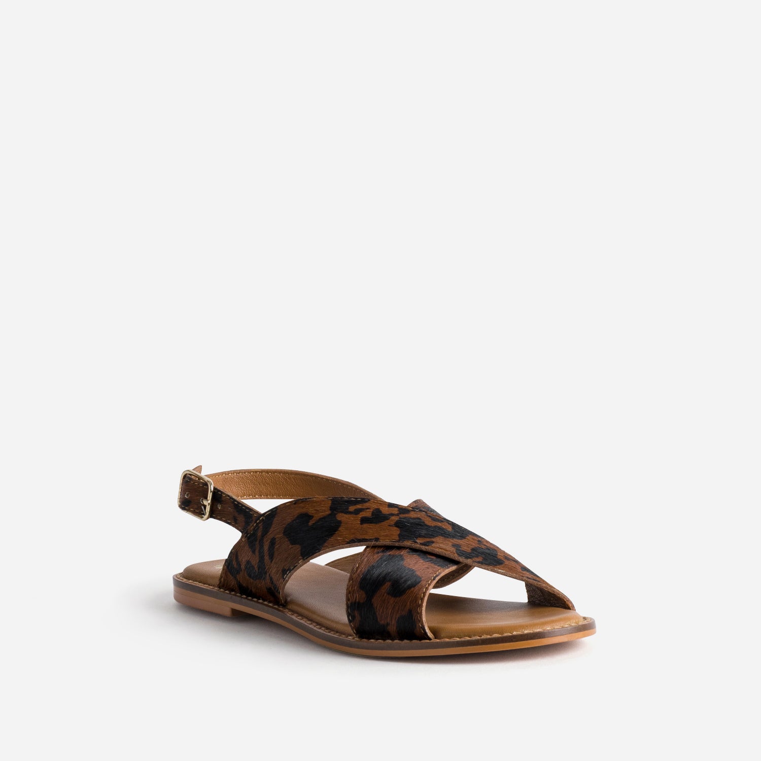 Sandale marron cuir effet poulain motif vache