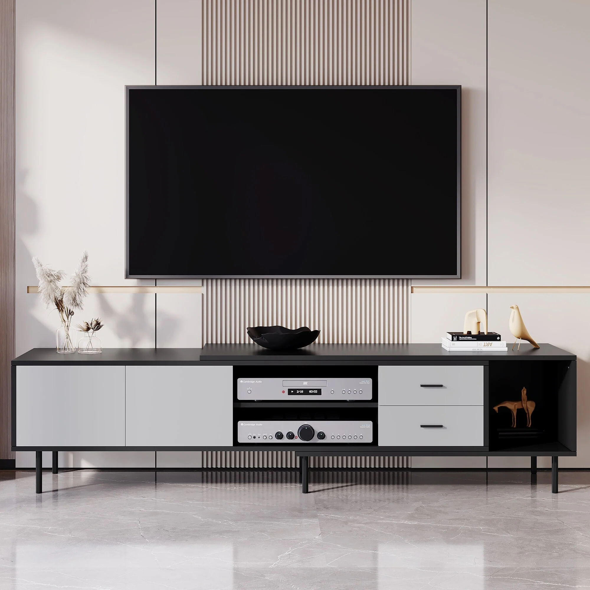Black+Grey 70.8 TV Stand with 2 Doors & Large Cabinet for TVs Up to 80