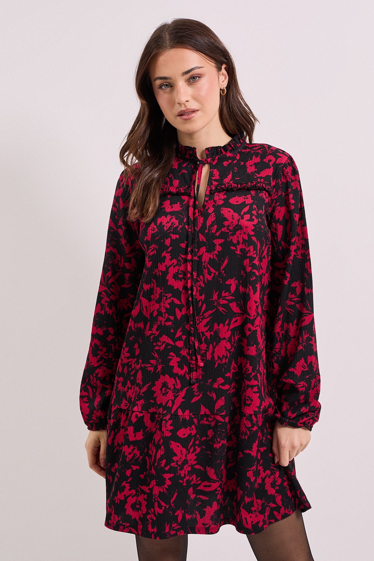 Dorothy Perkins Pink Floral Tie Neck Tiered Smock Jersey Mini Dress