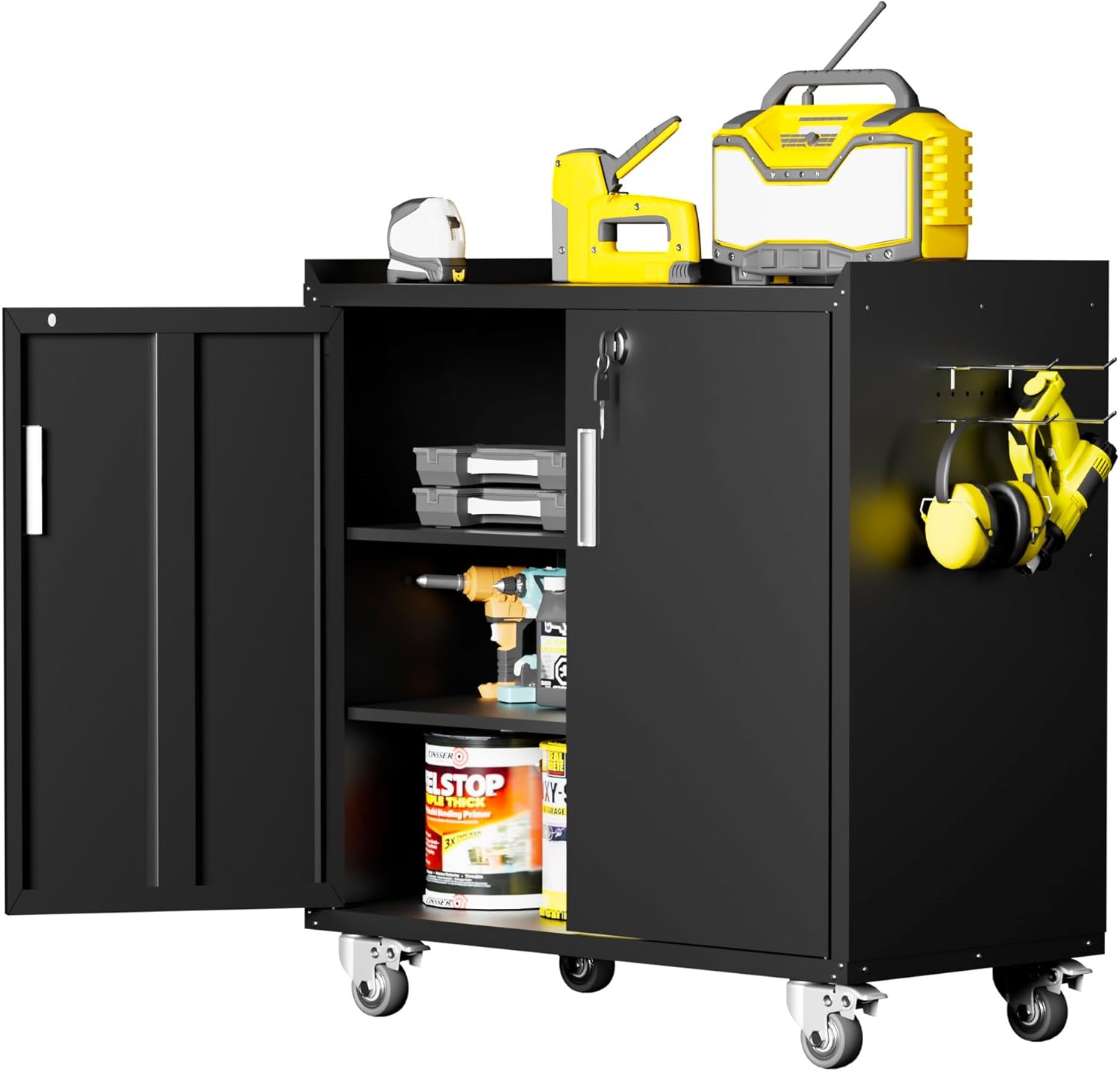 LCAOPC Metal Storage Cabinet with Wheels - Lockable, Rolling Tool Cabinet for Home, Office, Garage & Workshop - Black