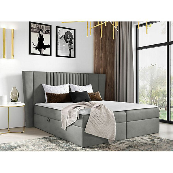 Lit continental Baltimore 184, Unique, Gris, Tissu, Disponible