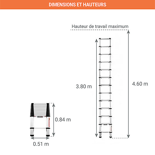 Echelle télescopique 12 marches - Longueur 3.80m - Longueur pliée 0.84m - Largeur 0.51m - TEL-60238G