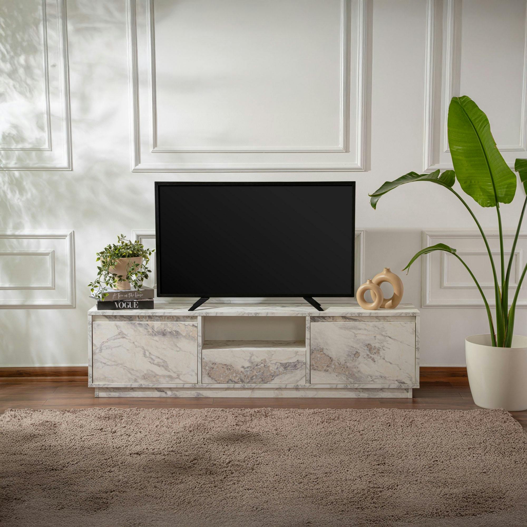 Meuble TV avec rangement - effet marbre MARFA