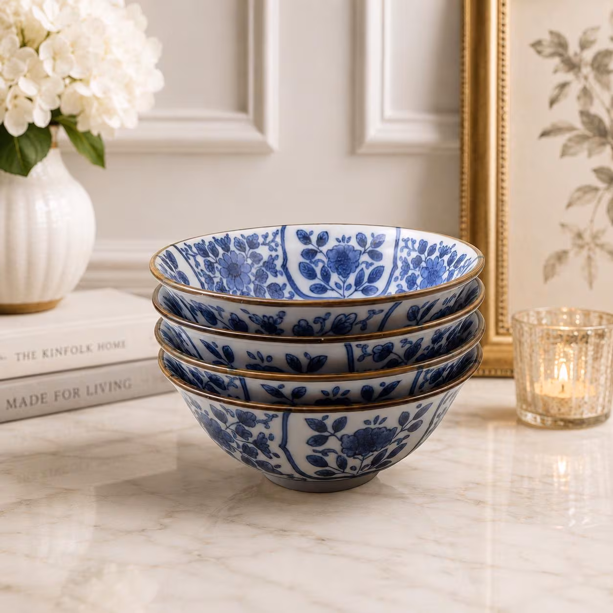 Sinyo Japan Blue and White Floral Porcelain Bowls Set of 4 Brown Rim Chinoiserie