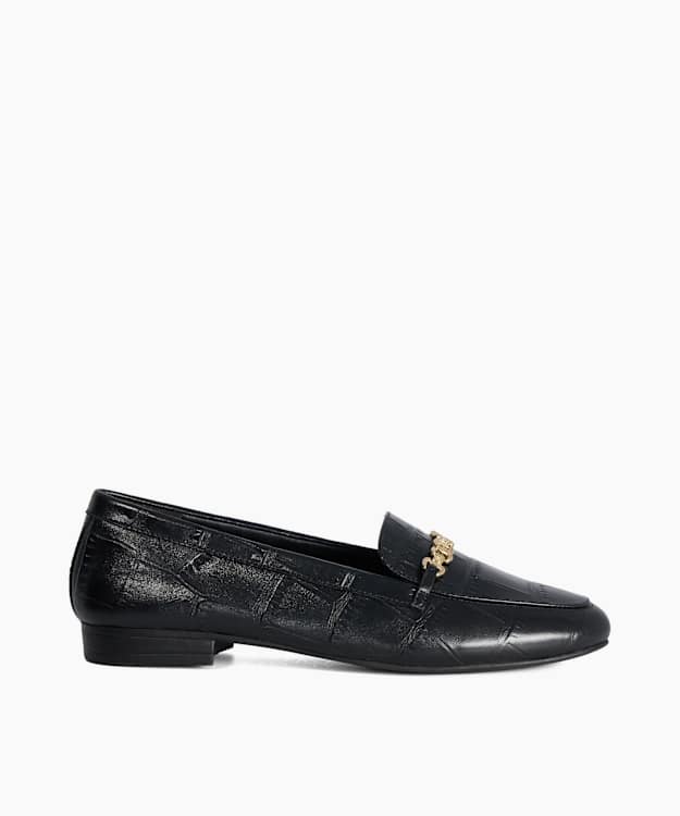 Gearing Black - Leather Croc Effect Metal Trim Loafers