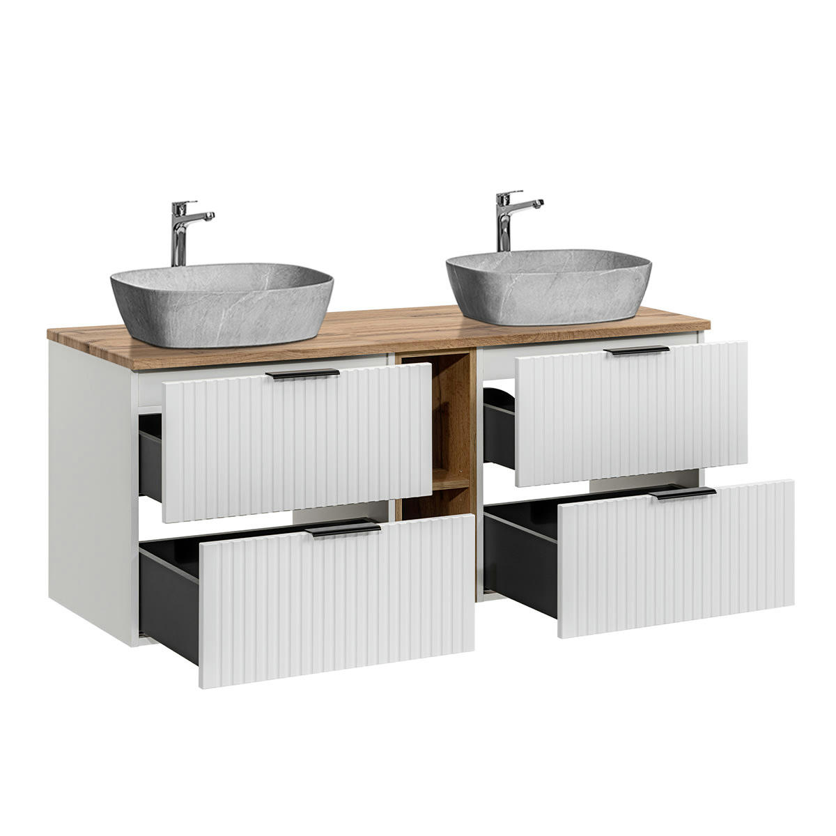 - Meuble double vasque effet pierre 140cm 2 niches blanc