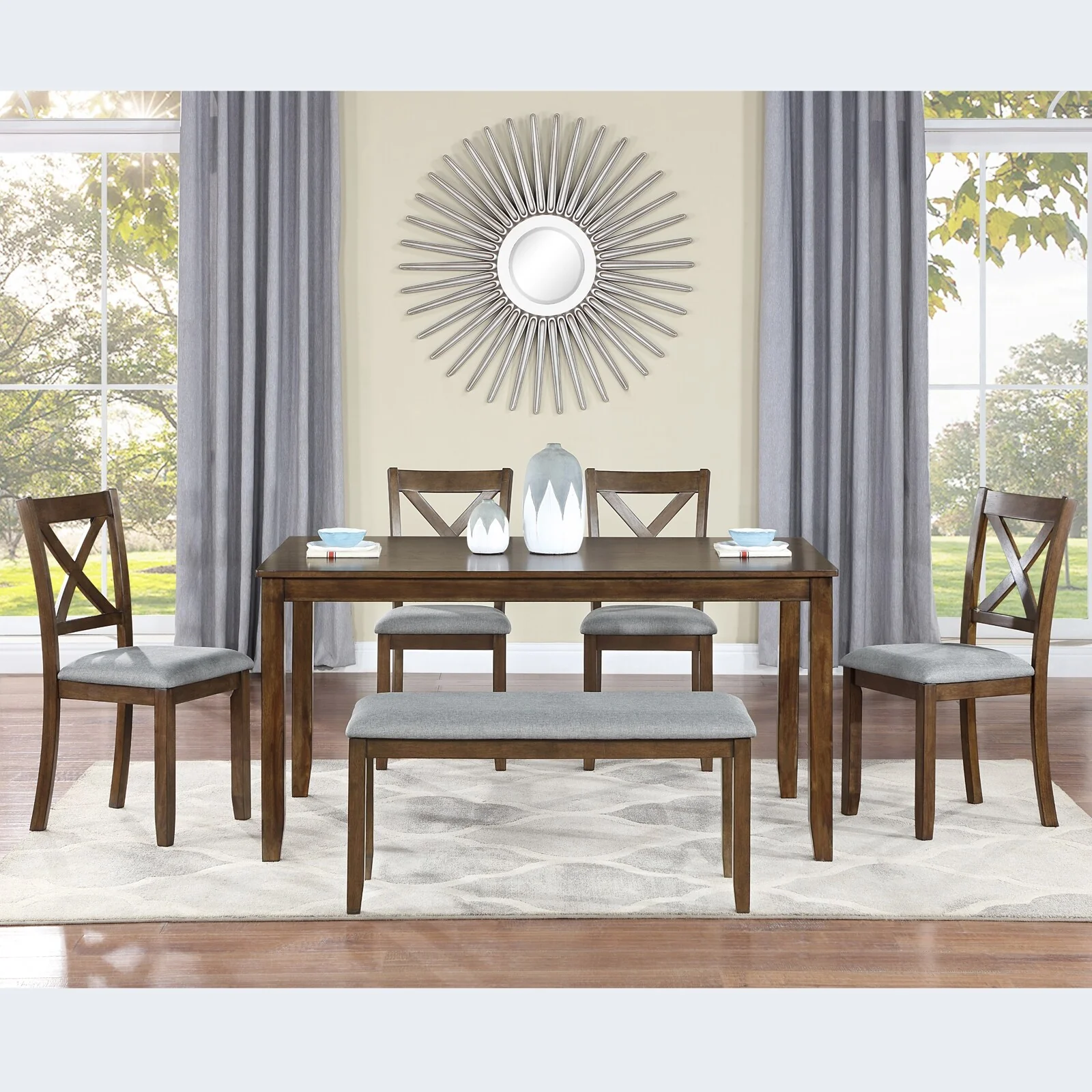 6 Pieces Dining Table Set with Bench, Rectangular Wooden Dining Table with 4 Chairs, for Kitchen Dining Room