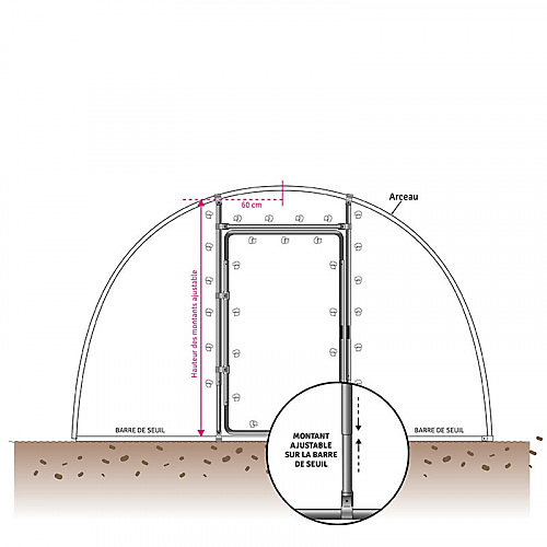 Kit porte adaptable pour serre de H min 2 m - max 2.50 m, Barre de seuil40 mm, Diamètre de votre arceau 60 mm