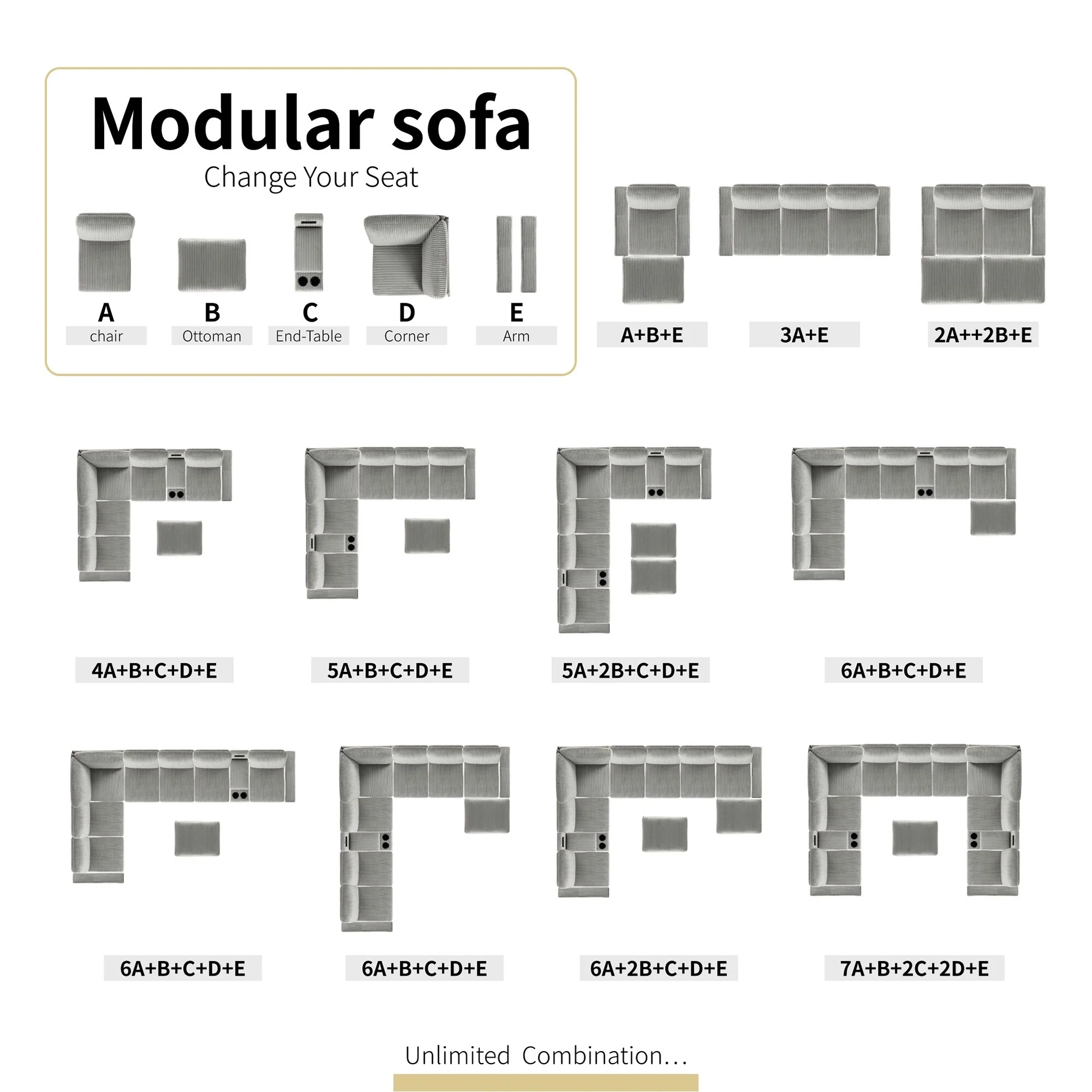 129.14 Corduroy 6-Piece Modular Sectional Sofa with 2 Storage Ottomans, USB Charging and Cup Holders