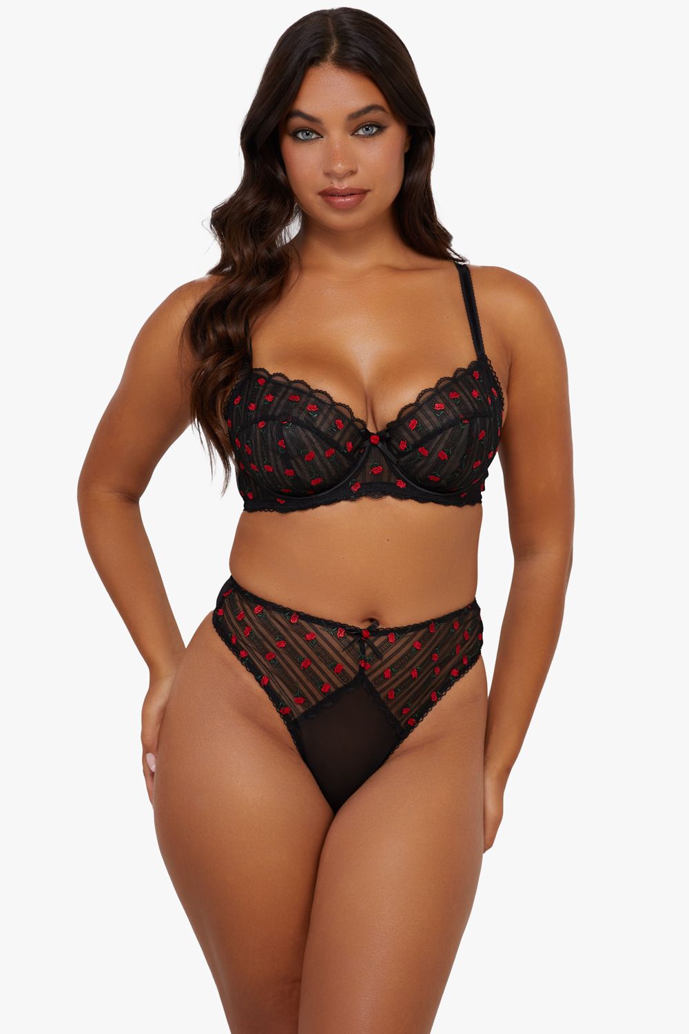 Playful Promises Elodie Black And Red Rosebud Embroidery Balcon Bra