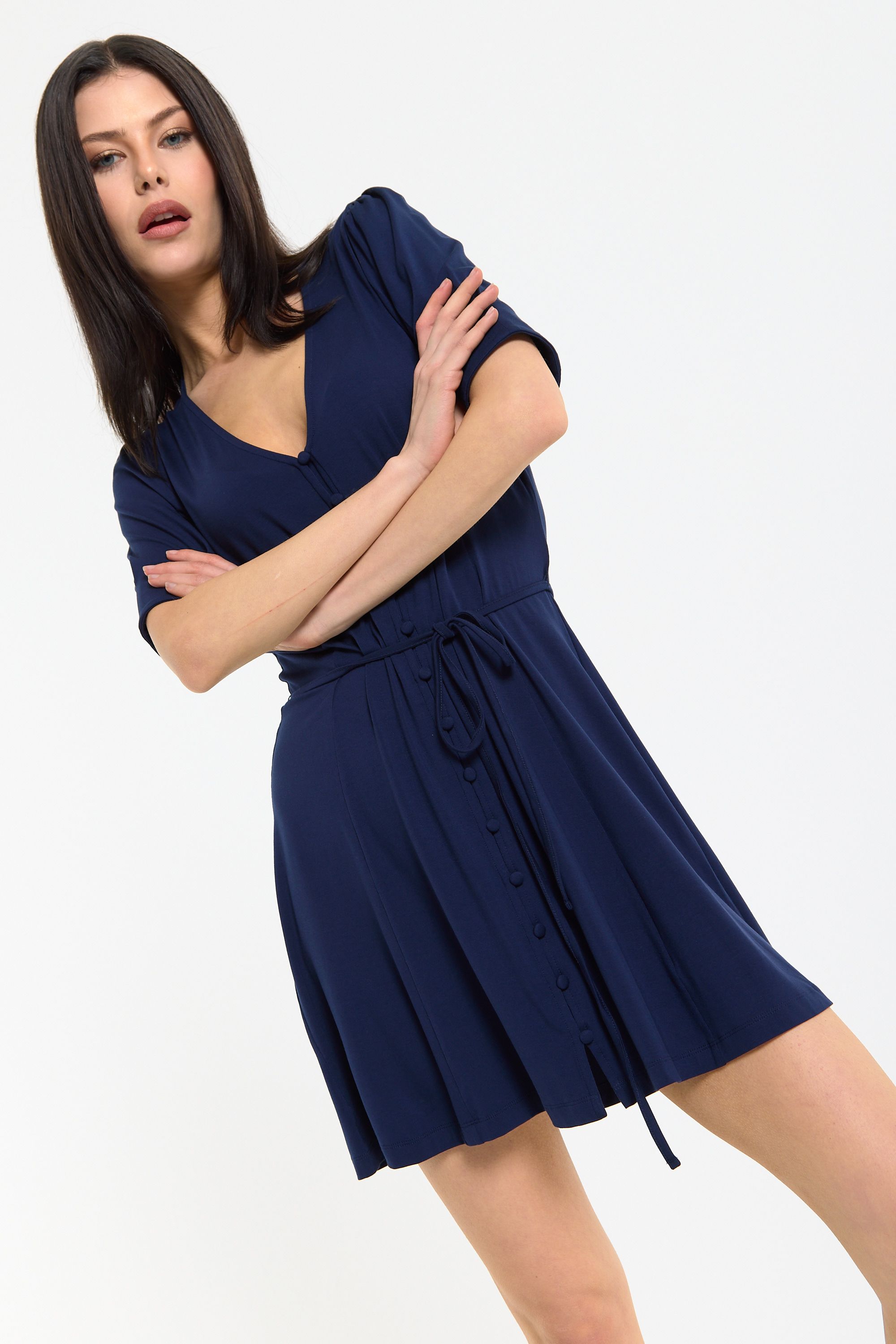 House of Holland Navy Button Front Tie Waist Mini Dress